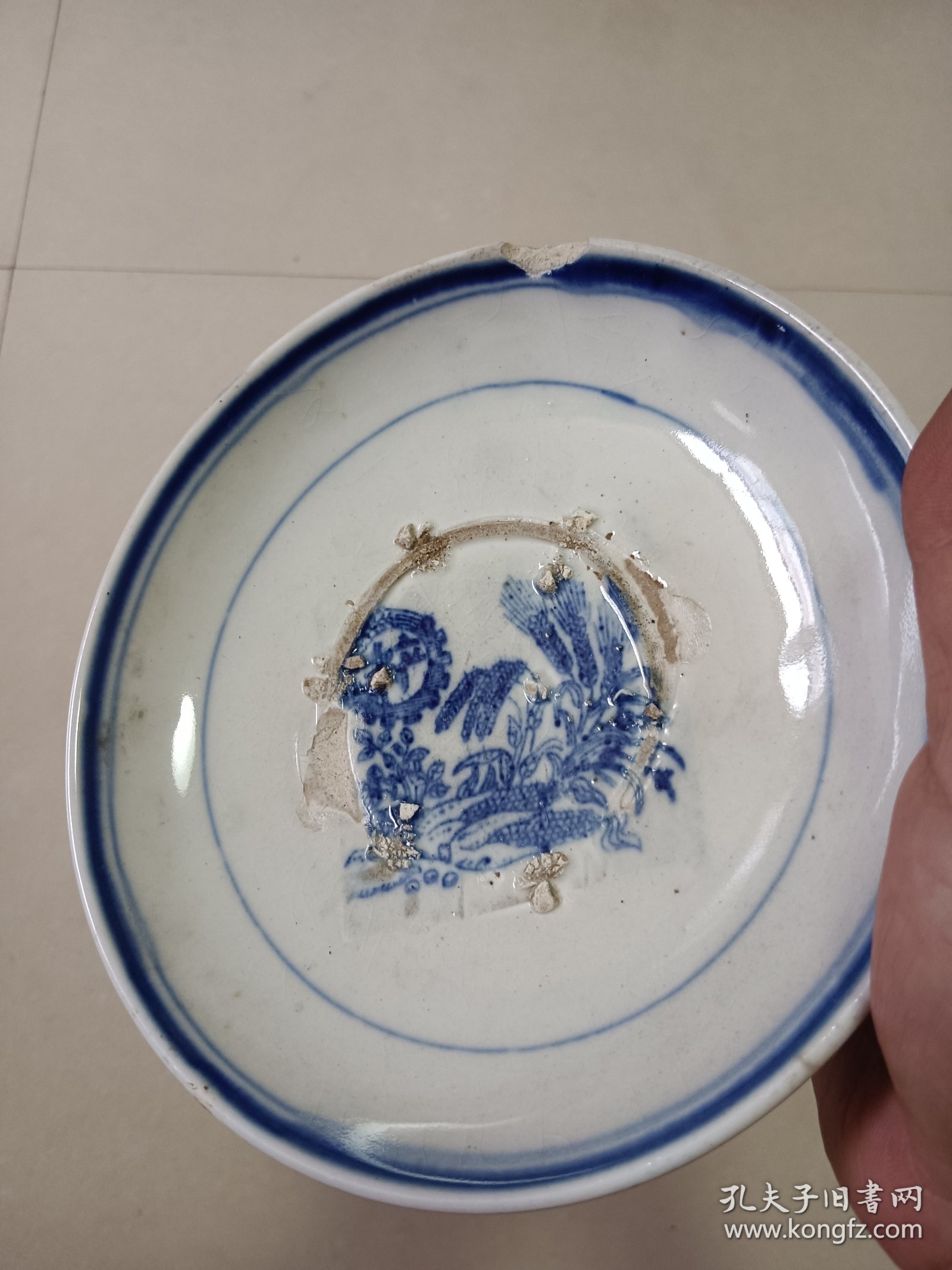 手绘青花丰产 老盘子 口沿残磕底窑粘 直径16.5