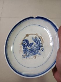 手绘青花丰产 老盘子 口沿残磕底窑粘 直径16.5