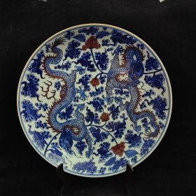 古玩瓷器，旧藏清中期青花手绘青花釉里红二龙如意大盘