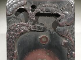 旧藏松鹤延年红端砚，多个天然石眼，包浆醇厚，大而厚重，收藏佳品，重约2310g，20.2×12.7×3.6cm