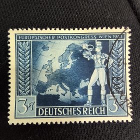 B508德三邮票德意志帝国1942年，12十月。轴心国欧洲邮政大会在维也纳 欧洲地图前闪耀的海报 3-1 信销 背贴 1枚 如图