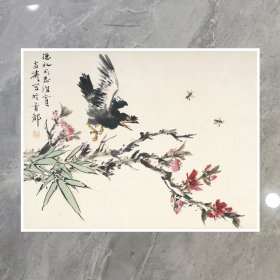 王雪涛 桃竹八哥 60x46cm宣纸高清微喷装饰画芯 国画临摹鉴赏范例
