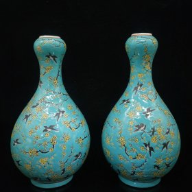 Y珍藏锦盒内装瓷器花瓶一对，《兰鸟》瓷器单个重661g，/套