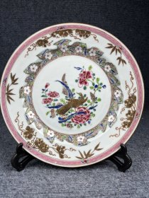 清雍正粉彩花鸟纹盘，口径22.5厘米，全品包老。