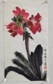 h.0479 朱朴存，辽宁已故著名画家第四幅《花卉》（1915-2015）中国现代著名工笔花鸟画家，沈阳文史馆馆员，品相自然旧如图，画芯尺寸为57x32