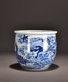 旧藏清康熙青花鱼跃龙门图卷缸！ 尺寸高20宽22