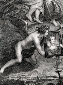 【鲁本斯】1846年铜版画№7《亨利四世收到玛丽肖像以及被爱神解除武装》(HENRY lV DELIBRRE SUR SON FUTUR MARIAGE)--出自保罗·鲁本斯（Paul Rubens)“玛丽・德・美第奇”系列作品集-雕刻家(Philippe Benoist1813–1905)-特厚画纸51.5*33.8cm(画面21.5*16.5)，8品