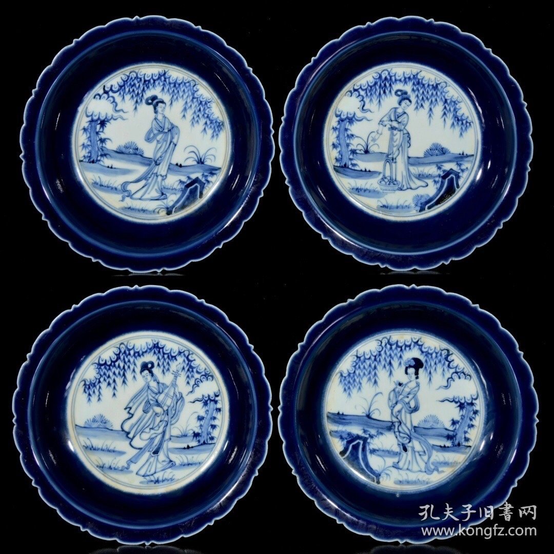 明永乐郑和赏赐款祭蓝釉青花人物四大美女纹盘子一套