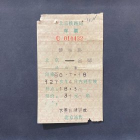 火车票（异形票）北京-合肥 127次 1980年7月18日 北京铁路局 早期电子票 硬快卧 第一代电子火车票 0432