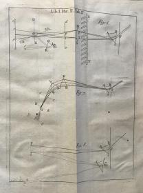 1740年，艾萨克 牛顿 《光学》， 关于光的反射、折射、弯曲和颜色。一卷全，拉丁语，极珍贵稀有的科学名著之古典原版，牛顿最重要的两部巨著之一，牛顿粒子或光发射理论的经典表述和首次完整介绍，书首页牛顿大幅铜版雕像，红黑套印和铜版画书题页，书内另含12幅极精彩的折叠铜版画，铜版画背景首大字母及页首横幅花纹装饰，摩洛哥犊皮原版外封，烫金竹节书脊，18.5X24.2CM。