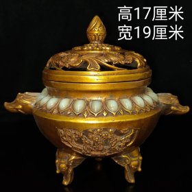 Y珍藏铜鎏金香炉，保存完整，造型精致，工艺浑然大气，尺寸细节如图，香炉重1.46公斤