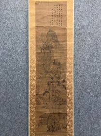 【田能村竹田】古笔山水人物图
名称:字画【古筆山水人物图】老作品，
作者:竹田
材质:纸本绫裱立轴，木盒装，后装裱
规格:30*129（画心尺寸cm)
        44*189（整体尺寸cm）
品相:如图 老旧，黄斑，褶皱，破损缺肉，后装裱
轴头：轴头完整