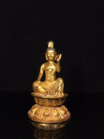 铜鎏金自在观音菩萨佛像，做工精美，包浆厚重，宽11cm高21cm厚11.5cm，重约1.3公斤，