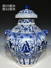 美品.精工细作满工青花缠枝莲开窗人物纹兽耳瓜棱盖罐，器型周正，釉水肥润，成色如图