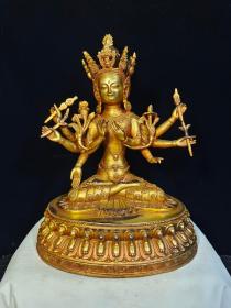 尼泊尔回流铜鎏金《三面八臂文殊菩萨》尺寸：高31.5CM，宽23CM重量：6.2斤