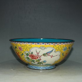 紫铜胎景泰蓝珐琅彩花鸟碗摆件收藏古玩杂项 重约346克