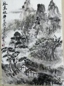 手绘国画山水小品林泉放棹