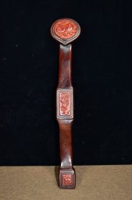 清代花梨镶嵌黄杨木多子多寿多福如意摆件