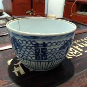清代民国老青花四喜图案茶杯茶碗糖缸，釉色包浆自然光泽，口径10.2高6.9公分。