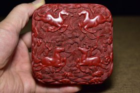 剔红雕漆漆器海兽方盒 重254克