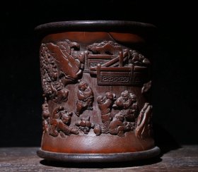 竹雕婴戏图笔筒 高17cm 口径16×15cm