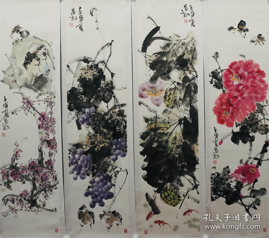 昌松，中国美术家协会会员，扬州国画院画家，扬州市花鸟画研究会副会长。
其作品构思新颖，巧拙互用，意趣隽永，曾在《中国书画报》、《国画家》、《中国画家》、《美术界》、《花鸟画研究》、《美术报》等多家权威学术报刊中发表，有的并作专题性推介。
在全国及国际性
《四条屏》，画芯：34 x 139 cm x 4，已手工托底。
保真，