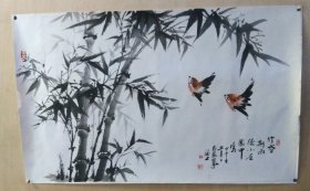 上海闵行区著名老一辈女画家[王恩蓉]老师2014年妙笔《竹香新雨后小雀园中鸣》，笔墨老练，布局舒展，颇具观赏性。