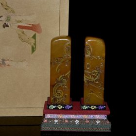 旧藏 布盒装寿山石田黄石对章 总重：508克