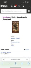 巴西著名死亡/激流金属乐队sepultura埋葬的1991年巴塞罗纳演唱会现场+采访原版录像带VHS，音质画质完好，带一张小海报，带子侧面有霉痕无碍播放
