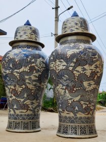 美品·重器·款识“大清雍正年制”精工细作满工青花釉里红“九龙在天·龙腾四海”纹落地将军罐一对。