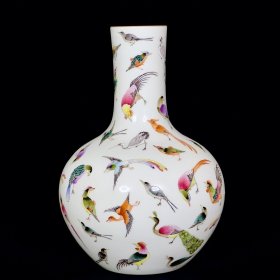 清雍正珐琅彩百鸟纹天球瓶2 33/23厘米