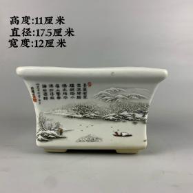 粉彩雪景山水图四方长花盆