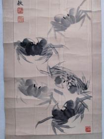 保真书画，齐白石先生义子，谭光儒国画作品《蟹》一幅，纸本镜心，尺寸：101*33