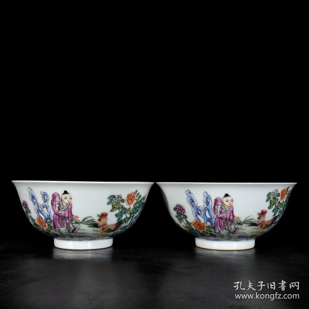 清雍正珐琅彩贾昌斗鸡故事纹碗一对；6.9x15厘米
