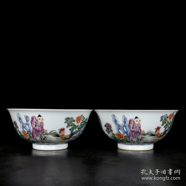 清雍正珐琅彩贾昌斗鸡故事纹碗一对；6.9x15厘米