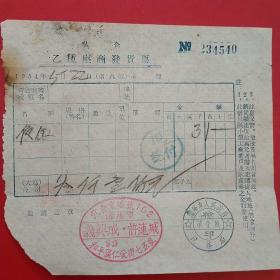 1954年5月22日，小吃，私企乙种座商发货票，义兴成许连城，沈阳市人民政府税务局（生日票据，食堂饭店类发票）。（27-1）