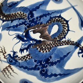清晚期青花釉里红过墙龙纹盘 高5.8厘米 宽26.8厘米