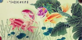 锦鲤，锦鲤鱼，芭蕉叶，芭蕉花，富贵有余，芭蕉叶寓意家大业大，锦鲤鱼更不用说了，很多好寓意，工笔画法，真人真迹纯手绘作品，假一赔万，终身保真，刘淑娟老师原创大作，实际画的比照片拍出来要漂亮的多，锦鲤画的入木三分，芭蕉叶形态各异，看整个构图，非常棒，构图饱满，很有意境。尺寸1.4米×70公分，四尺整张的，家里客厅，沙发背景墙，卧室，书房，茶室，办公室，大厅，餐厅都可悬挂！