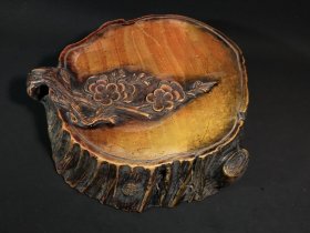 旧藏红丝砚 古木生花树桩款：水竹村人（徐世昌）