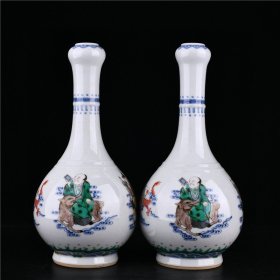 清康熙五彩降兽罗汉纹蒜头对瓶古董古玩古瓷器文玩艺术收藏品