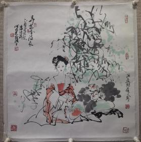 著名画家 潘鸿海 国画一幅《仕女图》尺寸68x68厘米 保真