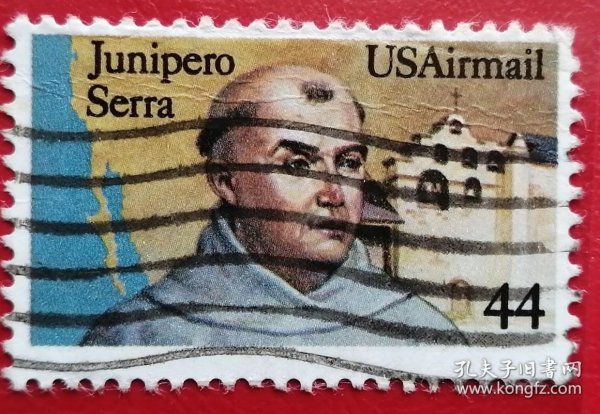 美国邮票 1985年 航空邮票 祖尼佩罗 瑟拉 塞拉 1全信销 ( 1713–1784年)，西班牙传教士，是现在的加利福尼亚州殖民化进程中的重要人物。瑟拉在加利福尼亚组建九个传道院以便向印第安人传教。他协助建立了在加利福尼亚的第一个欧洲定居点，圣地亚哥（1769年），其传道院命名为阿尔卡拉之圣·迭戈教堂。