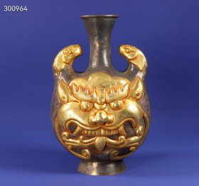 旧藏唐代纯手工打造鎏金高浮雕錾刻虎头兽面瓶