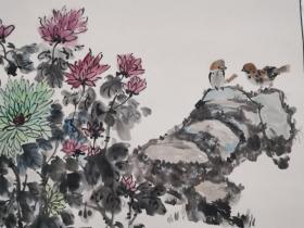 马桂荣 国画《秋菊虎石抗霜寒》（尺寸：66×66cm）纸本立轴