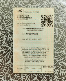 德国轻轨城际列车（S-Bahn）车票，汉诺威莱茵豪森-明登单程双人票，2020年1月15日