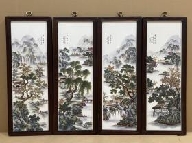 红木粉彩山水挂屏一组！！！《溪山烟云》