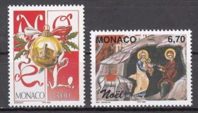 Monaco152摩纳哥邮票1998圣诞节 徽章 绘画艺术 耶降生邮票 新 2全