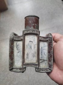 古玩旧藏清代书卷形玻璃画茶叶罐老锡器锡茶叶罐