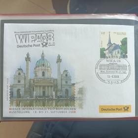 F1812外国信封 08年维也纳国际邮展纪念封 贴德国欧元邮票 2008年 波鸿大教堂建筑 1全