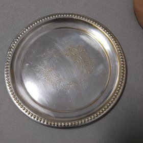 英国古董银器镀银刻花圆形托盘